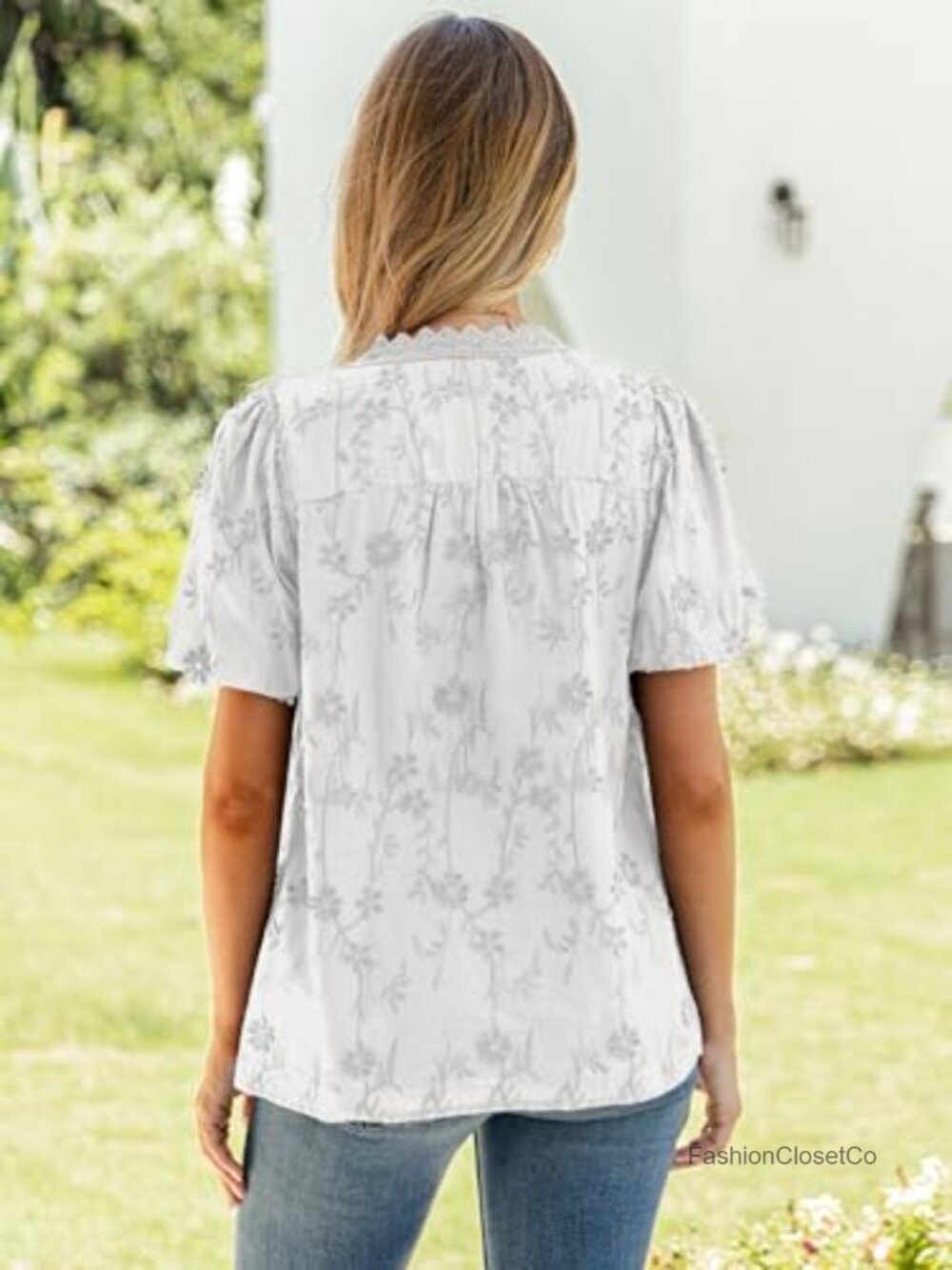 Women's Embroidered Eyelet V-Neck Short Sleeve Blouse Peasant Top - Picture 4 of 6